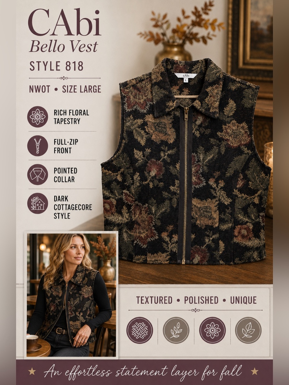 CAbi Bello Vest 818 Womens Large Floral Tapestry Brocade Zip Cottagecore New